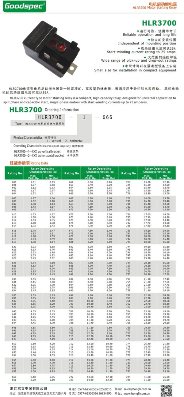 HLR3700-1-734 MOTOR STARTING RELAY